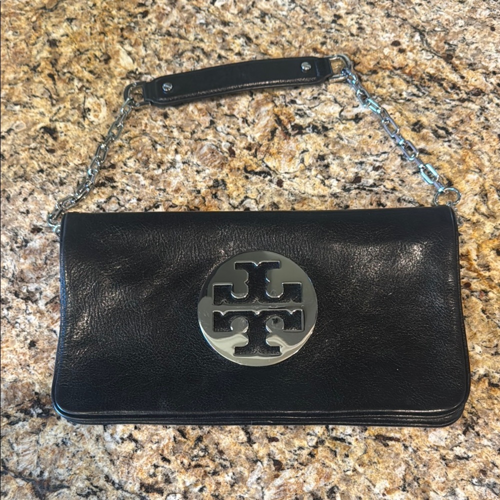 Tory Burch Black Leather Bag with Silver Logo